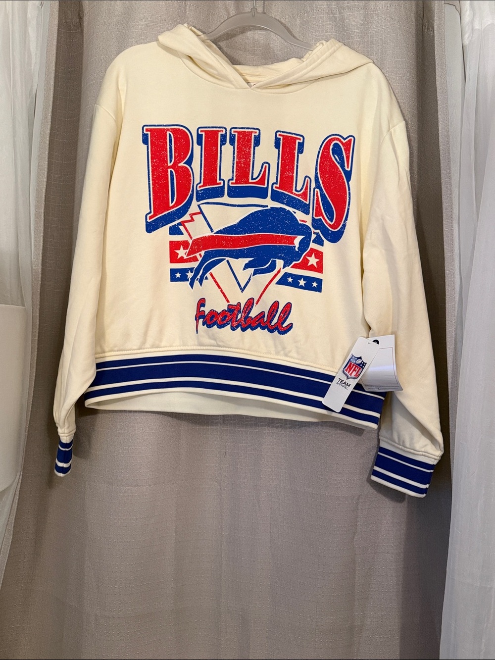 Champion Cream Crewneck Hoodie with Red & Blue Buffalo Bills Graphic
